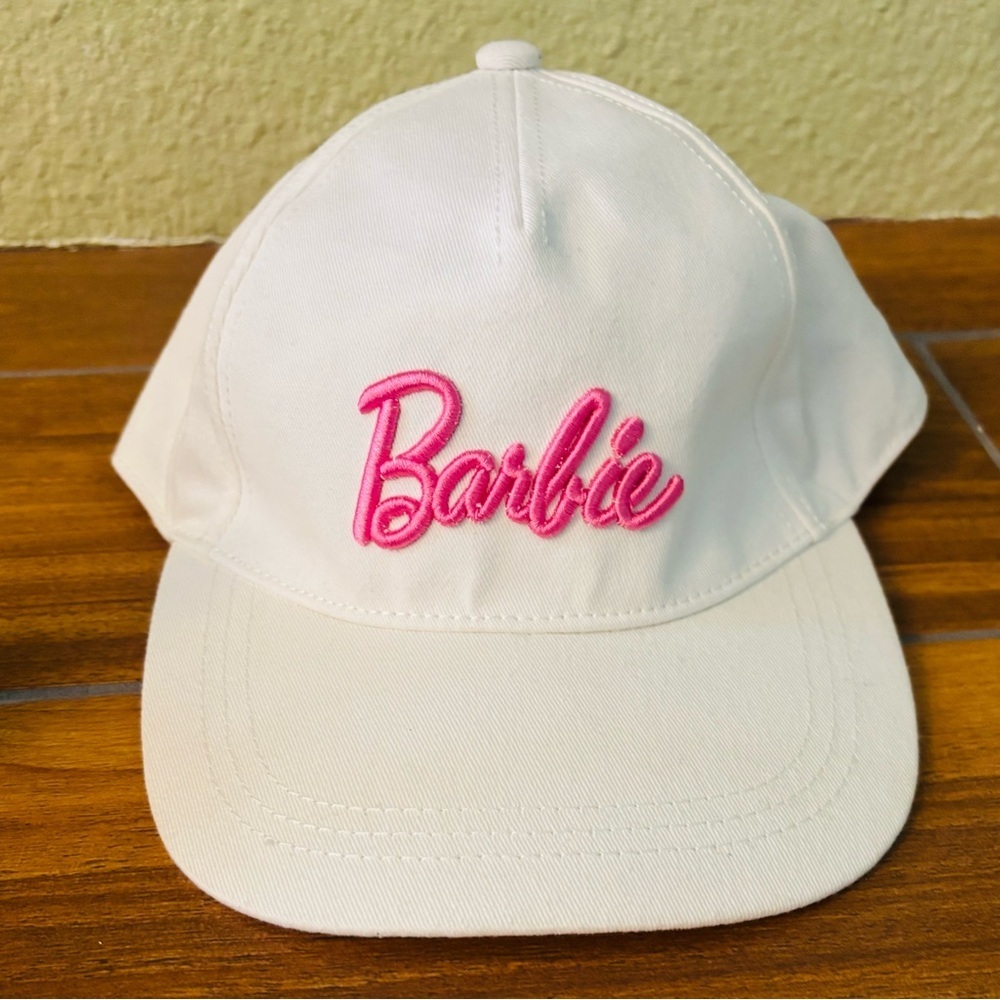 Pink and White Embroidered Barbie Logo 5 Panel Adjustable Hat Cap